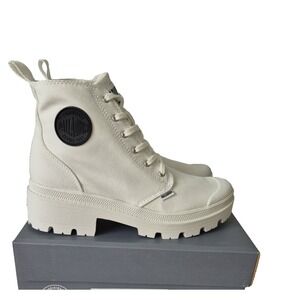 Palladium Boot Womens 6 Star‎ White Pallabase Twill Hi Top Lace Up Zip NEW